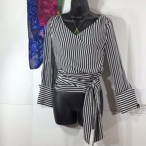 Alice + Olivia b/w silk stripe Alba crossover top XS
